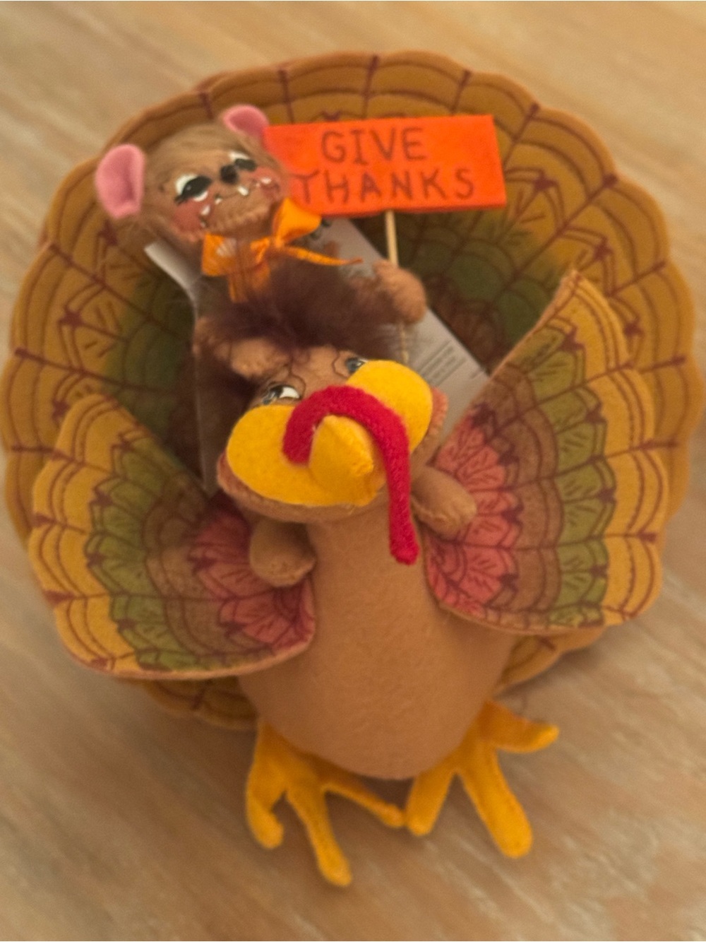 AnnaLee collectable Give Thanks Plush Turkey Holiday Decoration - Brown/Yellow